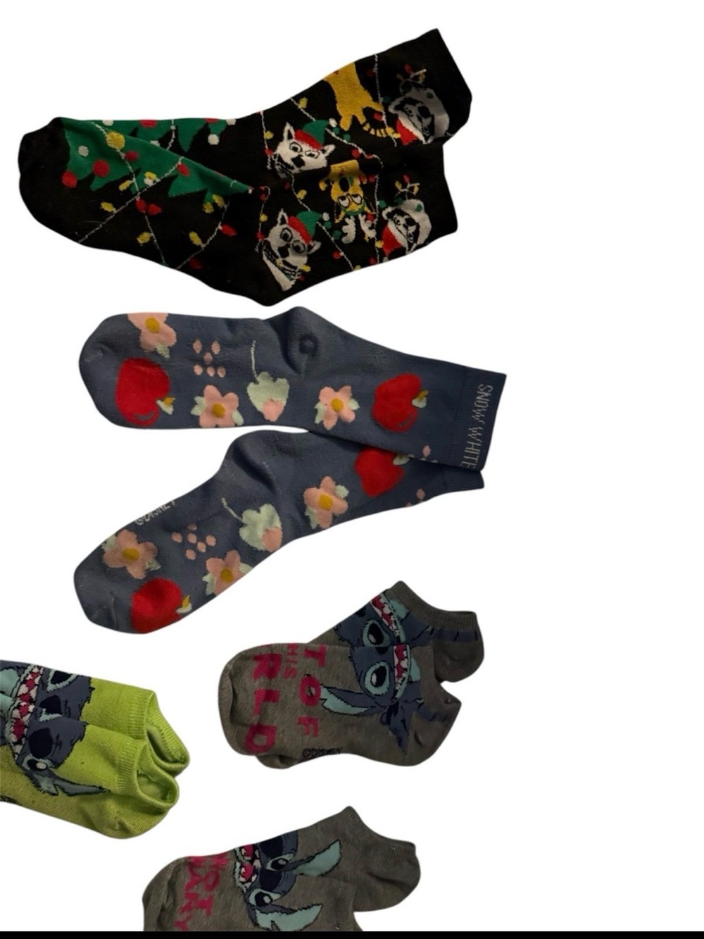 7 pair of Disney character & 1 pair of Christmas themed Socks